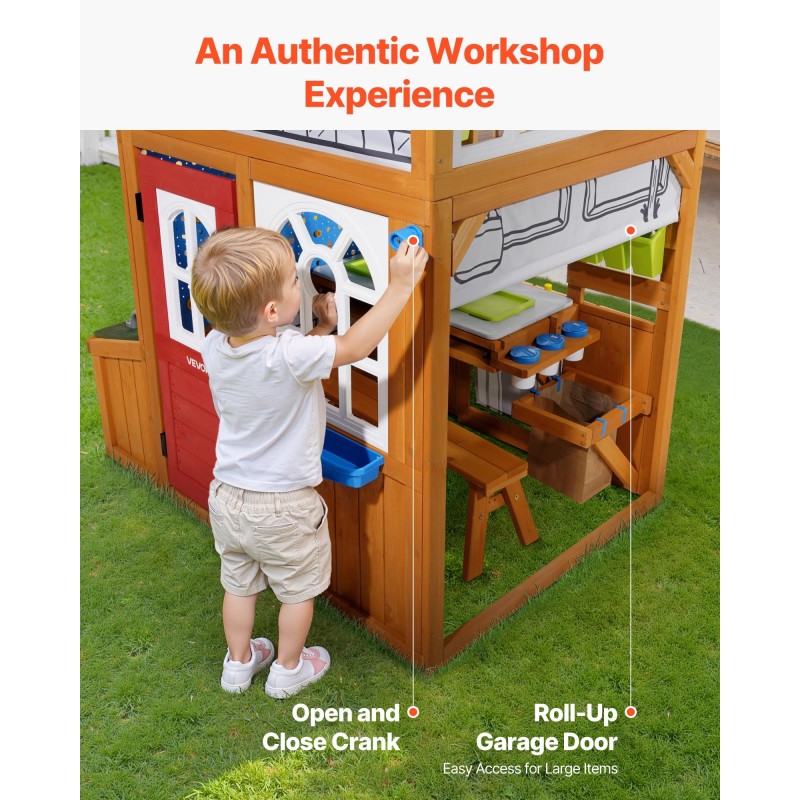 Leikkimökki setripuuinen ulkokäyttöön 3–10-vuotiaille elektronisella ovikellolla ja työpöydällä