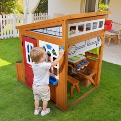 Leikkimökki setripuuinen ulkokäyttöön 3–10-vuotiaille elektronisella ovikellolla ja työpöydällä