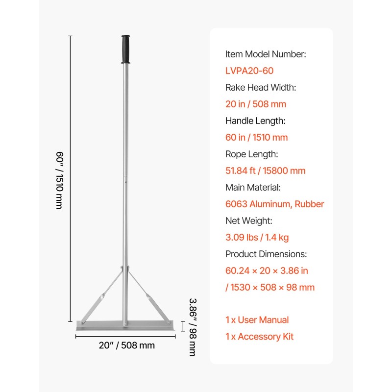 Maisematasoitusharava alumiinirunkoinen 1510 mm varsi 508 mm harapää asfaltin ja betonin tasoitukseen