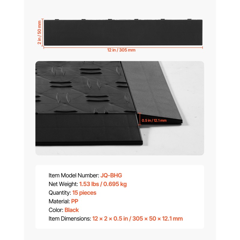 Reunussarja polypropeeni 15 kpl musta autotallin lattiamatoille 305x50x12 mm