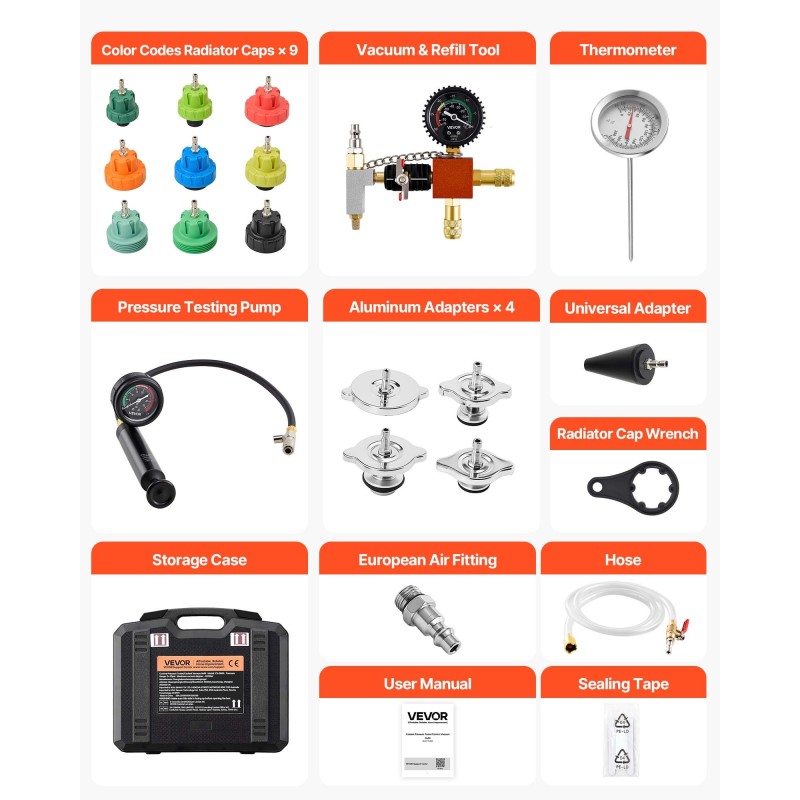 Jäähdyttimen 28-osainen paineentestaussarja alumiinipumpulla paineilmakompressoriliitännällä tyhjiönmuodostukseen ja täyttöön