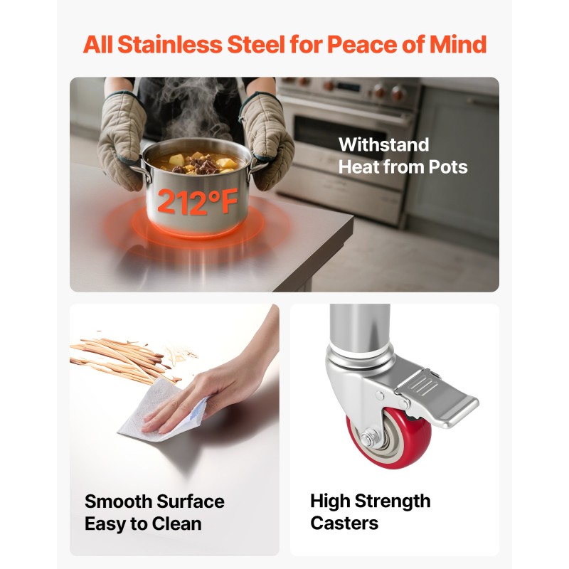 Työpöytä ruostumattomasta teräksestä 900x600x850mm säädettävä alahylly pyörillä