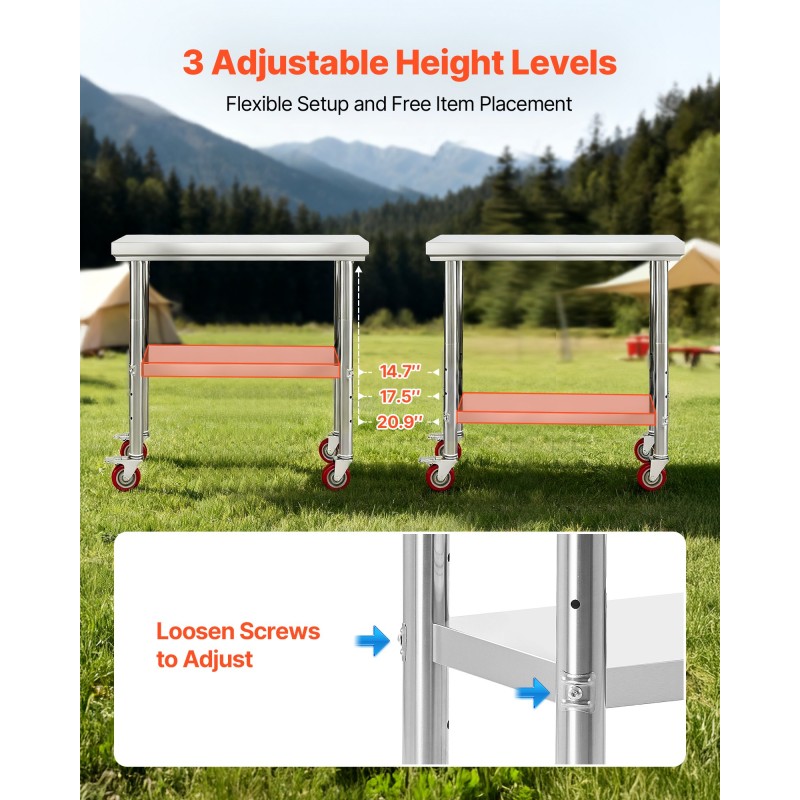 Työpöytä ruostumattomasta teräksestä 900x600x850mm säädettävä alahylly pyörillä