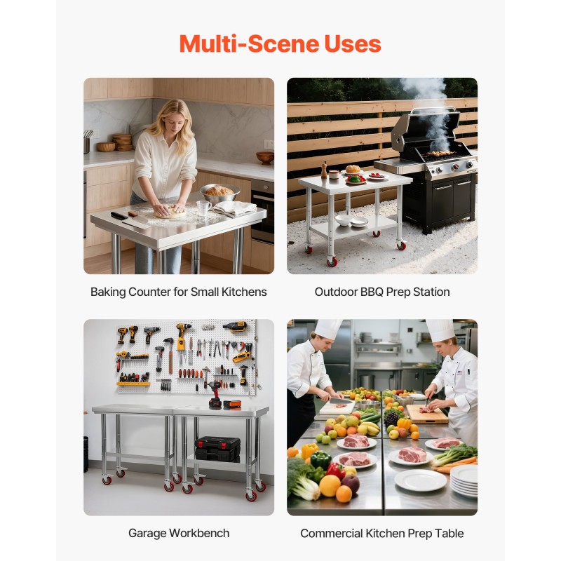 Työpöytä ruostumattomasta teräksestä 900x600x850mm säädettävä alahylly pyörillä