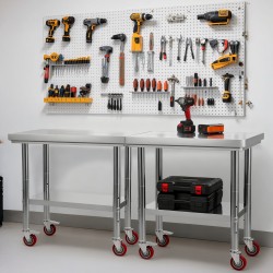 Työpöytä ruostumattomasta teräksestä 900x600x850mm säädettävä alahylly pyörillä