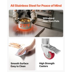 Ruostumaton työpöytä SUS201-teräs 76 x 60 cm pyörillä säädettävällä alahyllyllä