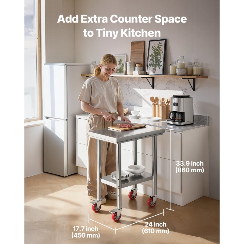 Ruostumaton teräspöytä 610 x 450 x 860 mm säädettävällä alahyllyllä pyörillä