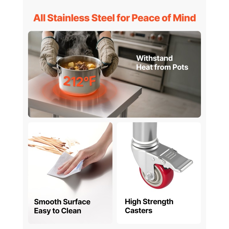 Ruostumaton teräspöytä 610 x 450 x 860 mm säädettävällä alahyllyllä pyörillä