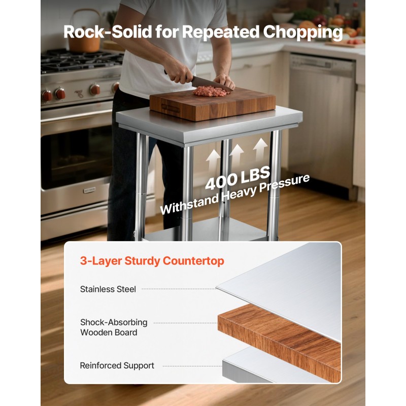 Ruostumaton teräspöytä 610 x 450 x 860 mm säädettävällä alahyllyllä pyörillä