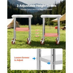 Ruostumaton teräspöytä 610 x 450 x 860 mm säädettävällä alahyllyllä pyörillä