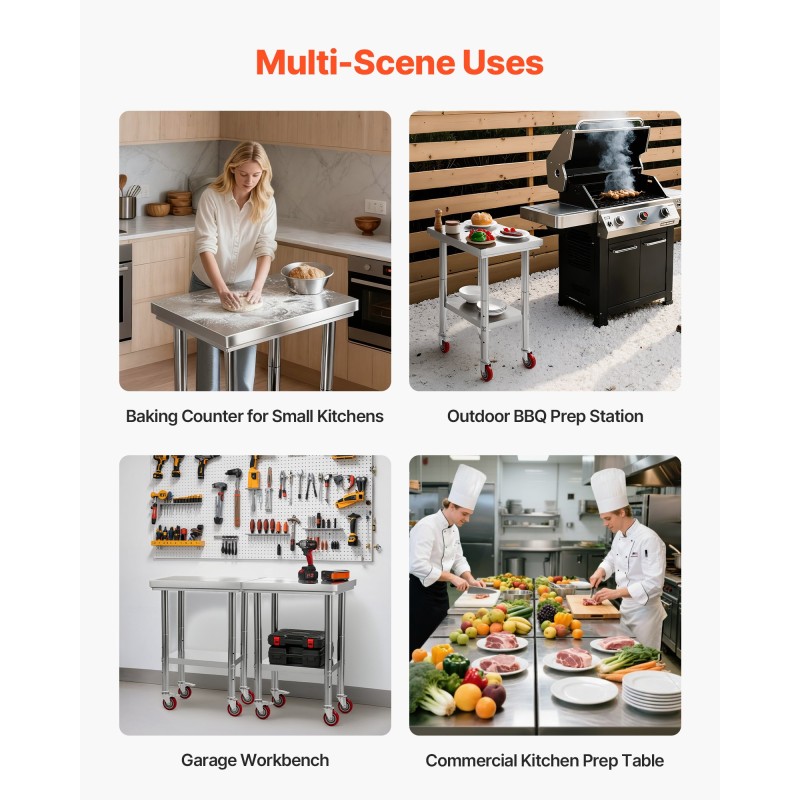 Ruostumaton teräspöytä 610 x 450 x 860 mm säädettävällä alahyllyllä pyörillä