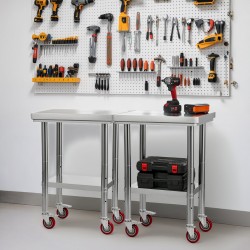 Ruostumaton teräspöytä 610 x 450 x 860 mm säädettävällä alahyllyllä pyörillä