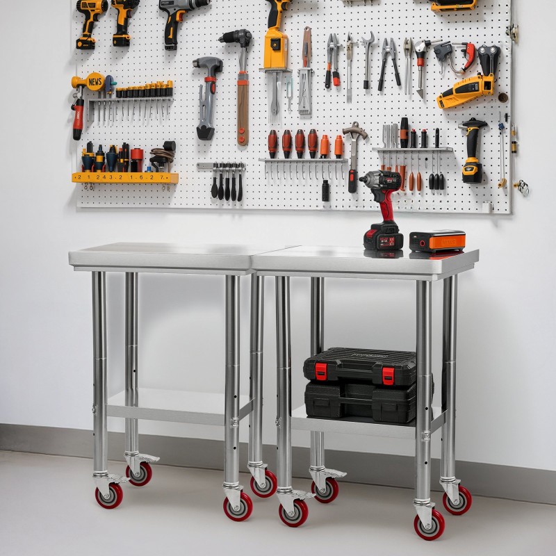 Ruostumaton teräspöytä 610 x 450 x 860 mm säädettävällä alahyllyllä pyörillä