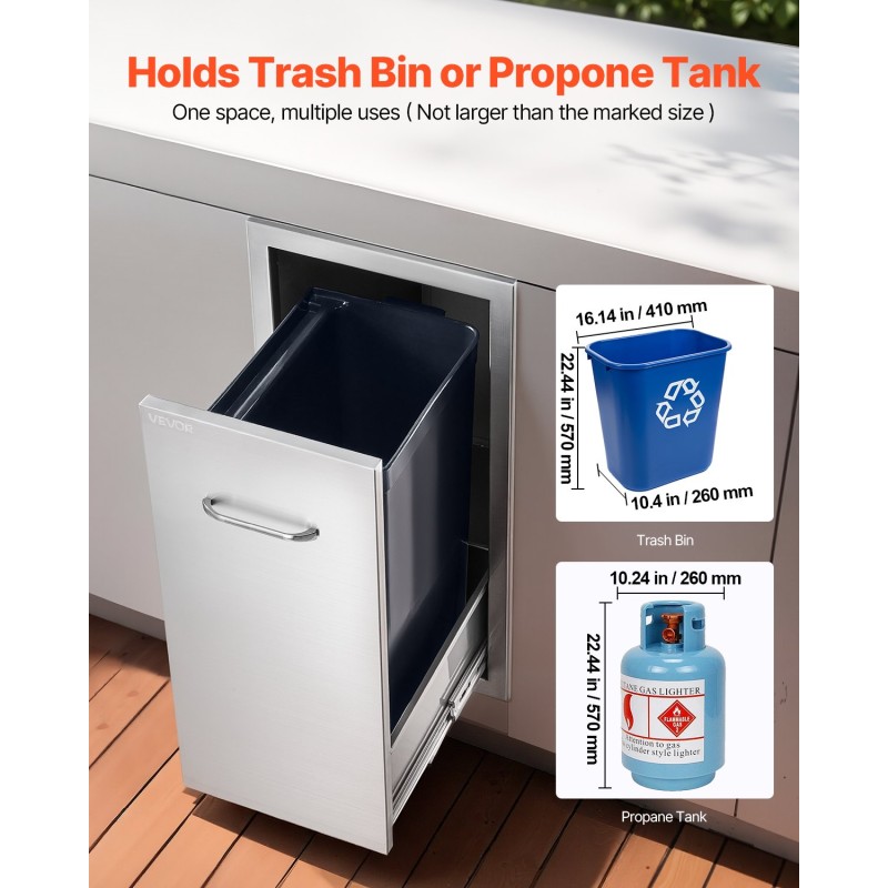 Ruostumattomasta teräksestä valmistettu ulkokeittiön liukuva jäte ja säilytyslaatikko harjatulla pinnalla