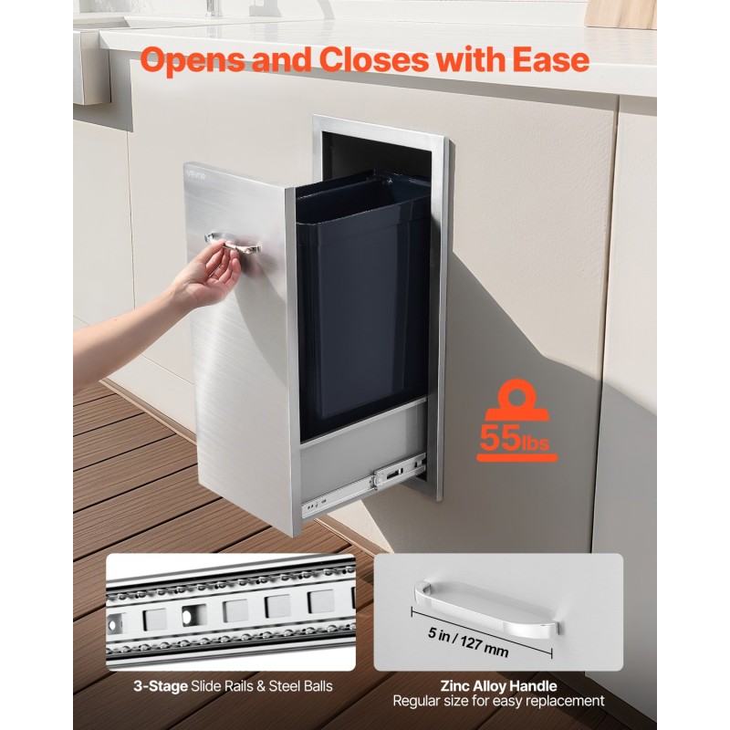 Ruostumattomasta teräksestä valmistettu ulkokeittiön liukuva jäte ja säilytyslaatikko harjatulla pinnalla