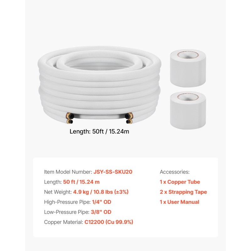 Putkisarja kupari 15,2 m mini-splitille 6,4 mm ja 9,5 mm PE-eristys