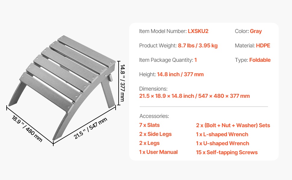 Adirondack-jalkatuen mitat ja rakenne