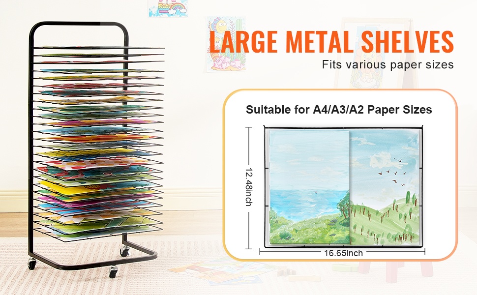 Metallirakenne ja hyllyt eri paperikokoille