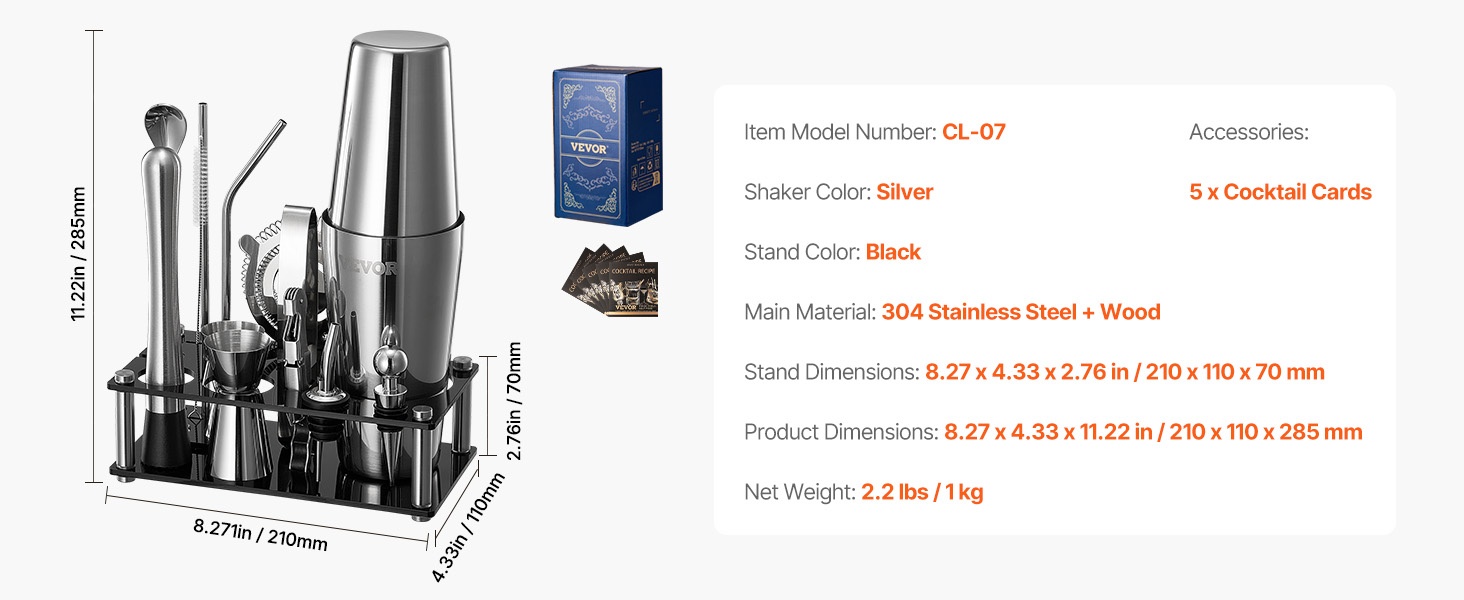 Täydellinen cocktailravistinsarja telineessä