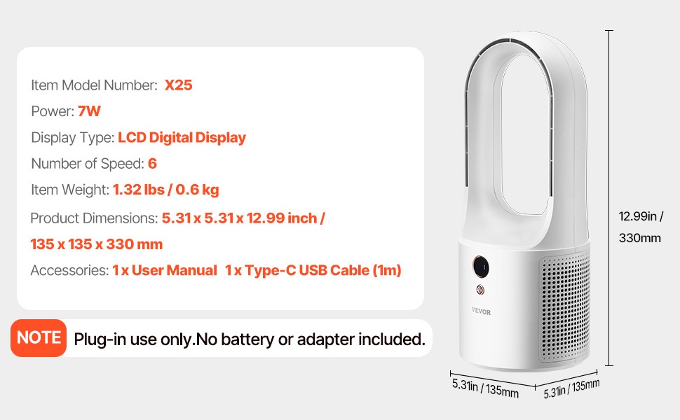 Terättömän pöytätuulettimen mitat