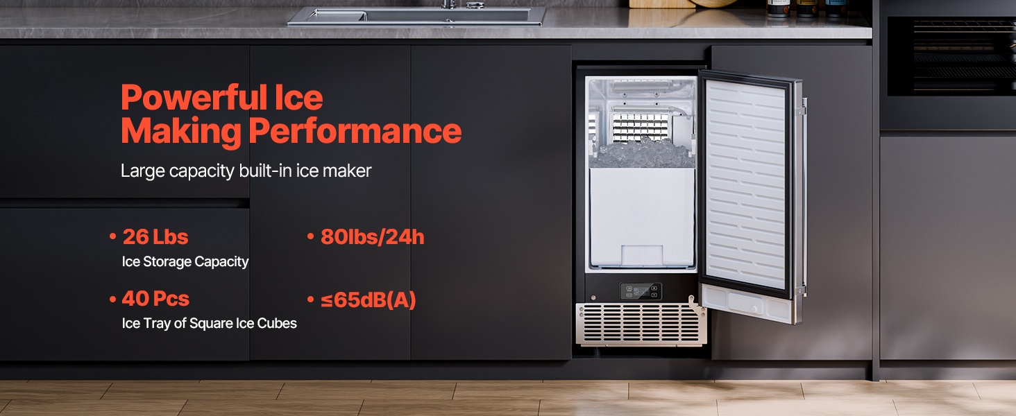 Työtason alle asennettava jääpalakone, jääntuotto jopa 80 lbs/vrk