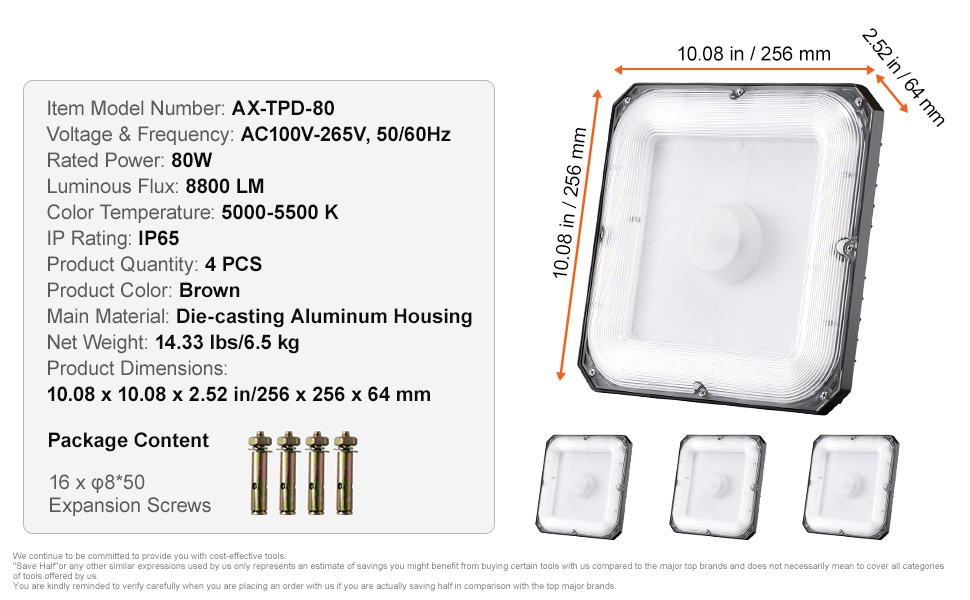 LED-katoksivalaisimen mitat ja rakenne