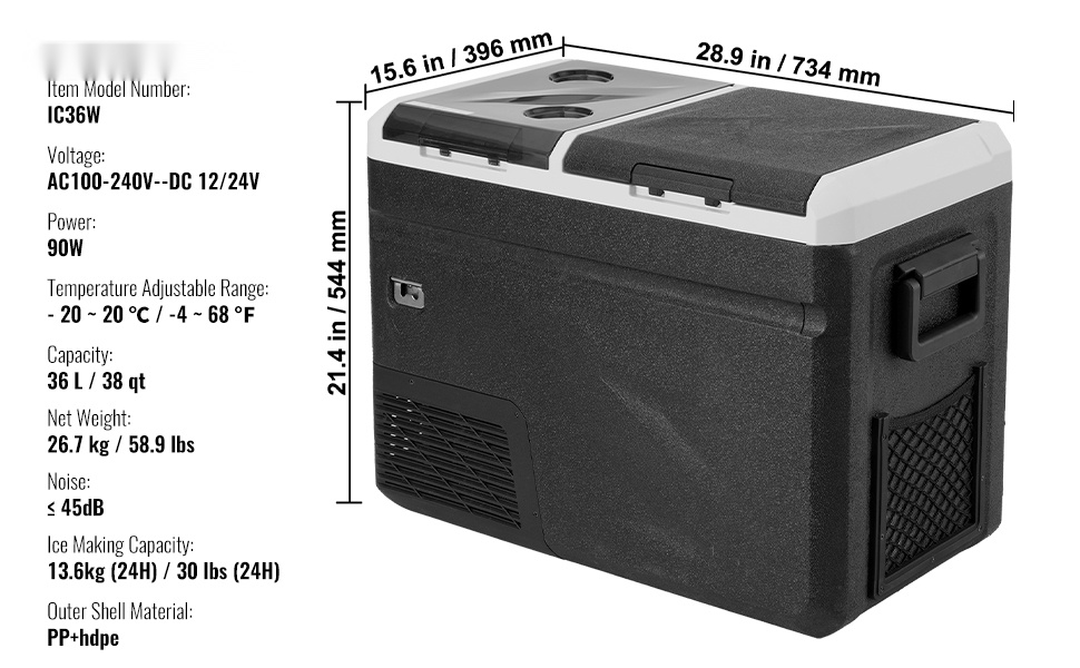 30 L autokylmälaite, mittasuhteet