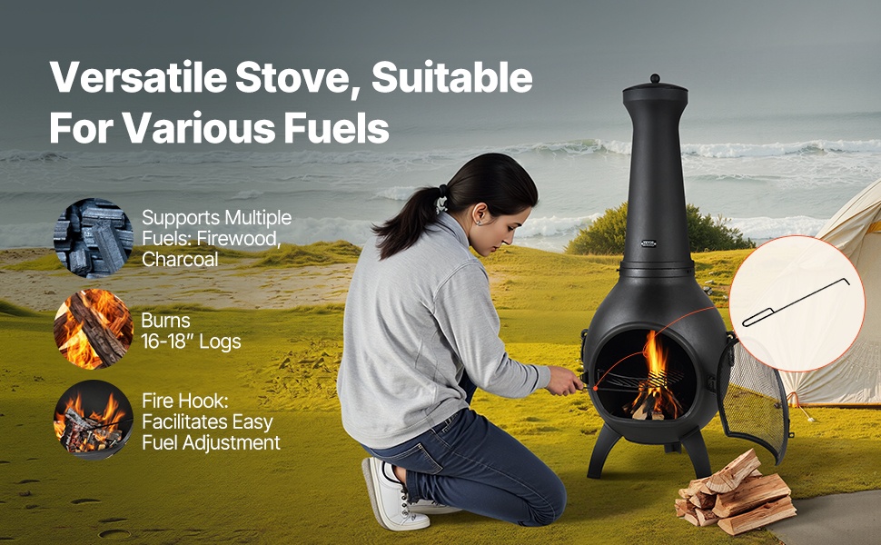 Tulisija käytössä puun ja grillihiilen kanssa