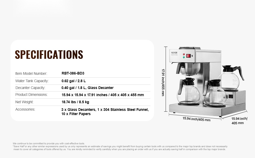 Kaupallinen kahvinkeitin, mitat ja rakenne