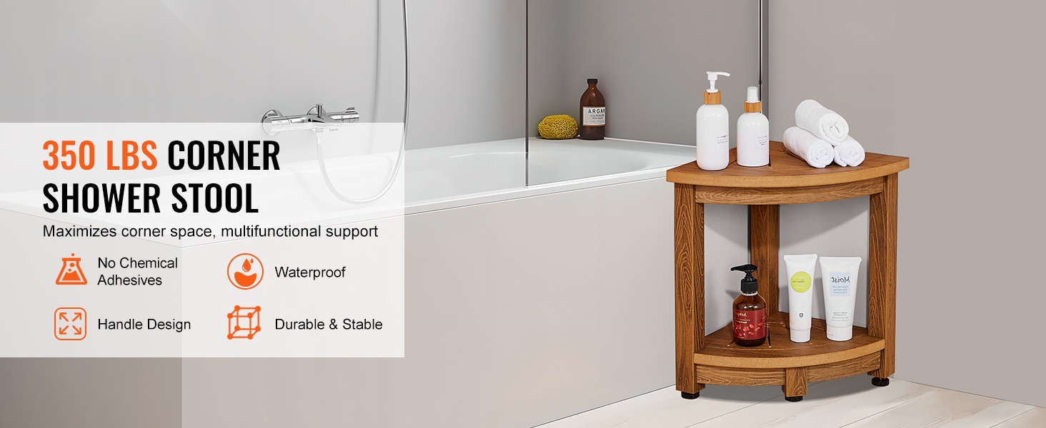 Kulmaan sijoitettava teak-suihkupenkki kylpyhuoneessa