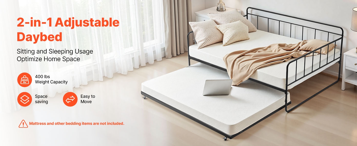 Päivävuode metallirungolla ja lisävuoteella