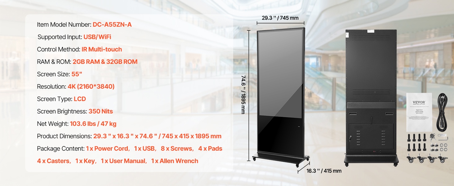 Lattialla seisova digitaalinen mainoskioski