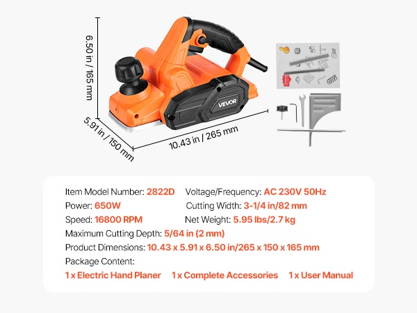 Sähköhöylän mitat ja yksityiskohdat