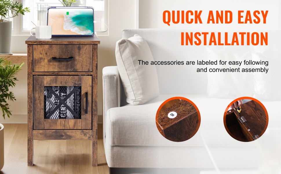 Sivupöydän osat ja helppo asennus