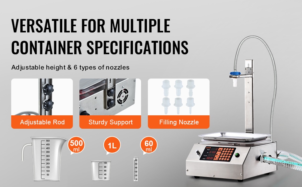 Säädettävä täyttöpään korkeus ja suutinsarjat