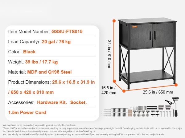 Akvaarioteline, mitat ja tasot