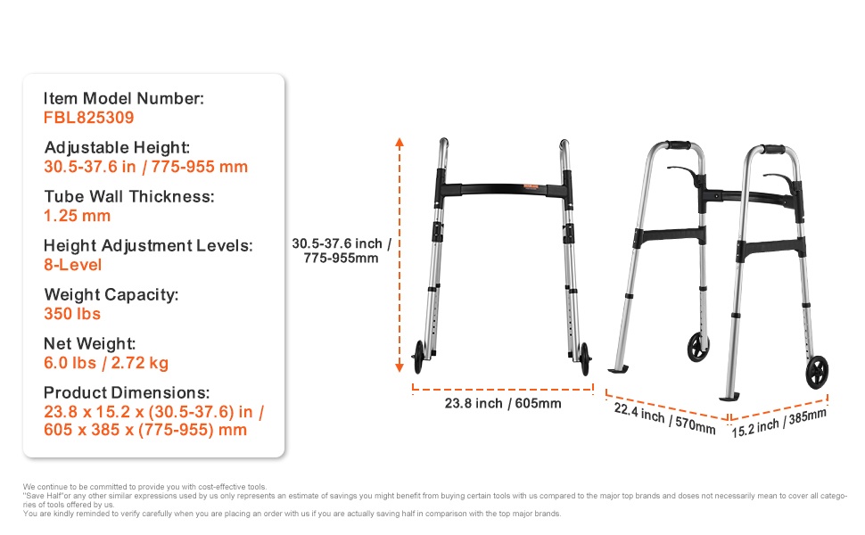 Kävelytelineen yksityiskohtia ja materiaalit