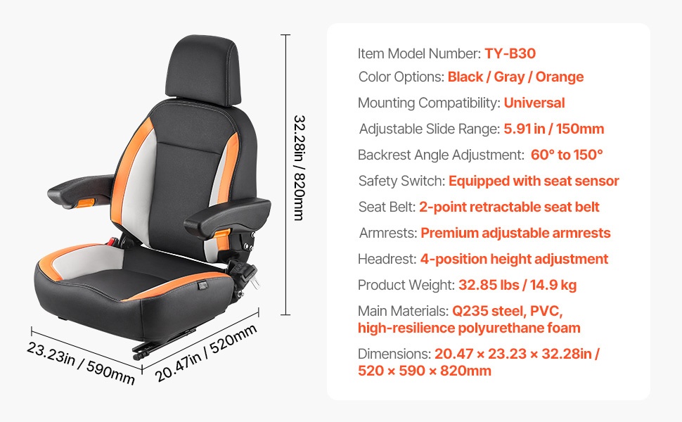 Trukin istuimen mitat ja yleisnäkymä