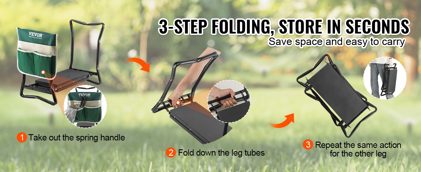 Taittuva puutarhatuoli työkalutaskuilla