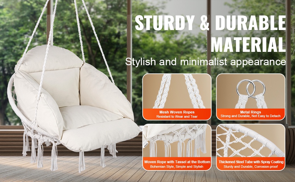 Riippuva keinutuoli, teräsrunko ja kudottu köysirakenne