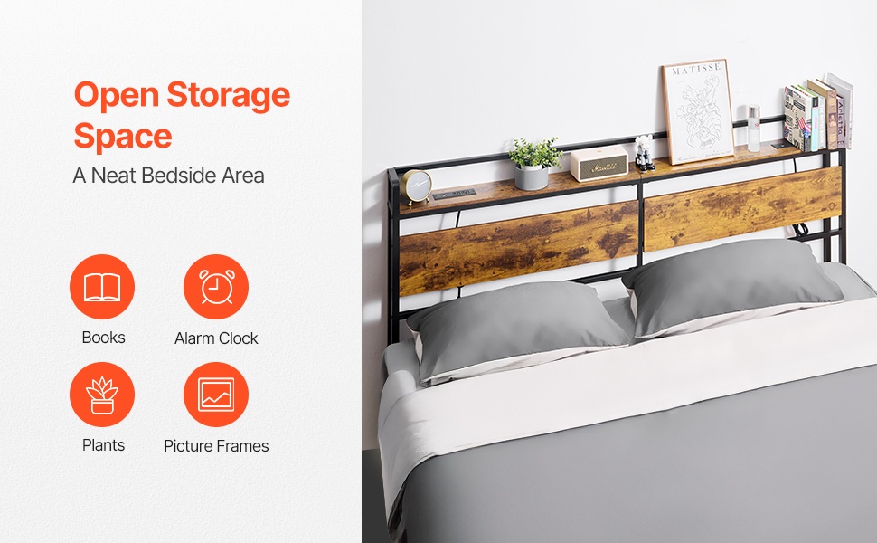 Avoin säilytyshylly sängynpäädyssä