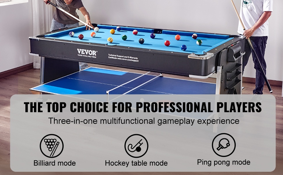 3-in-1 pelipöytä biljardille, ilmakiekolle ja pöytätennikselle