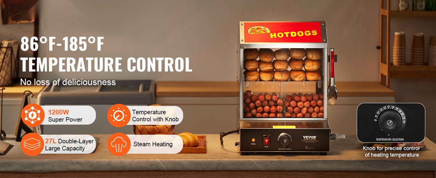 Hot dog -höyrystin etunäkymä