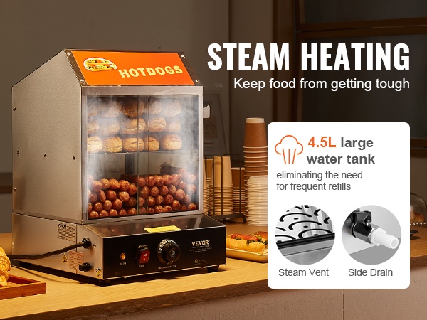 Säädettävät hyllyt hot dog -höyrystimessä