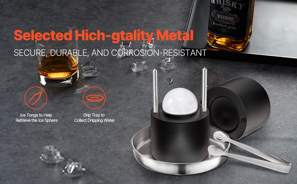 Ilmailualumiinista valmistettu jääpalloprässi, pihdit ja tippa-astia