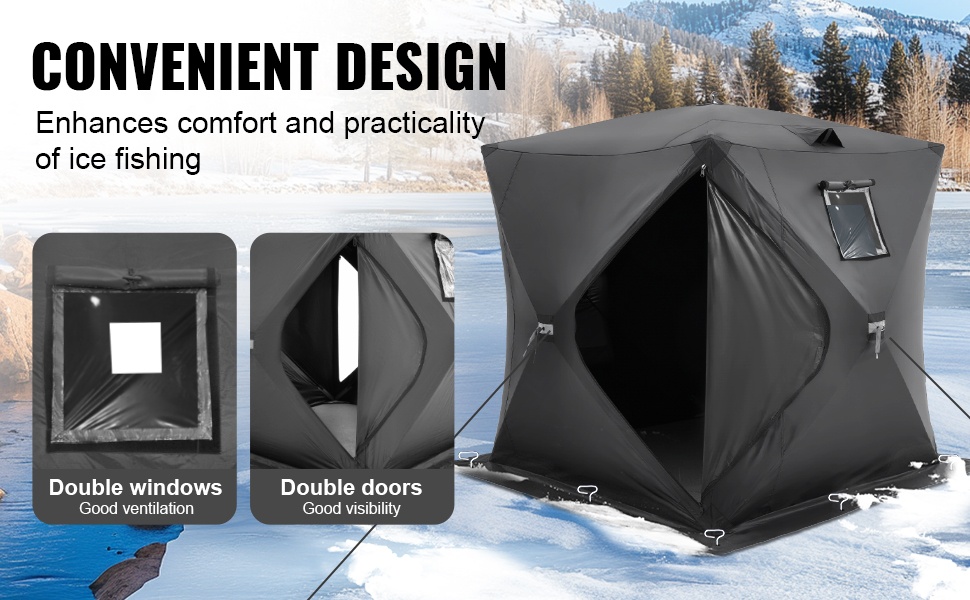 Sisäänkäynti ja ikkunat jääkalastusteltassa