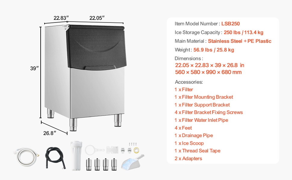 Kaupallinen jääpalakone, mitat