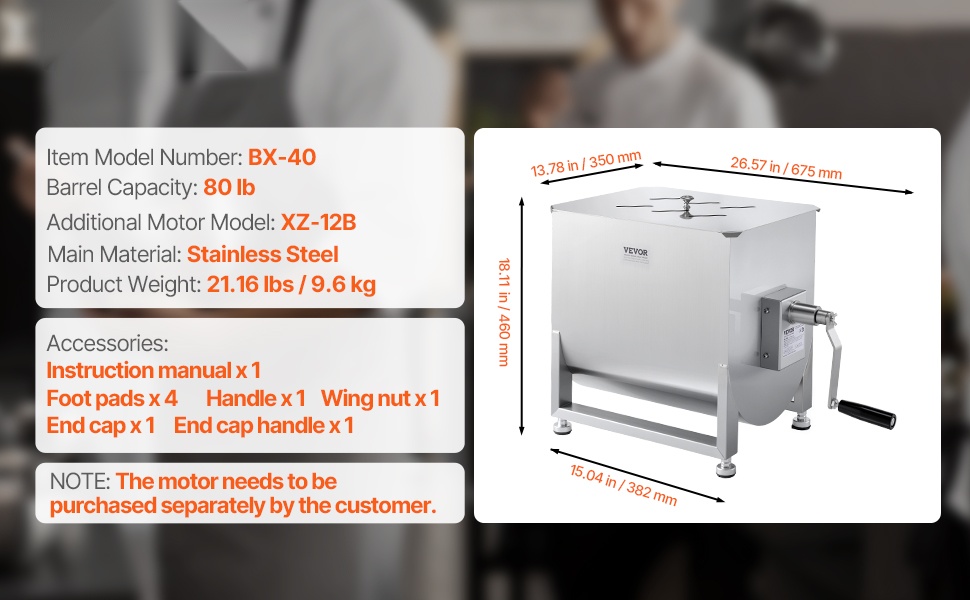 Manuaalinen ruostumaton lihasekoitin, mitat ja rakenne
