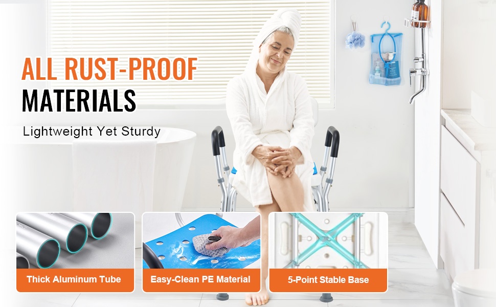 Säädettävä suihkutuoli käsinojilla ja selkänojalla