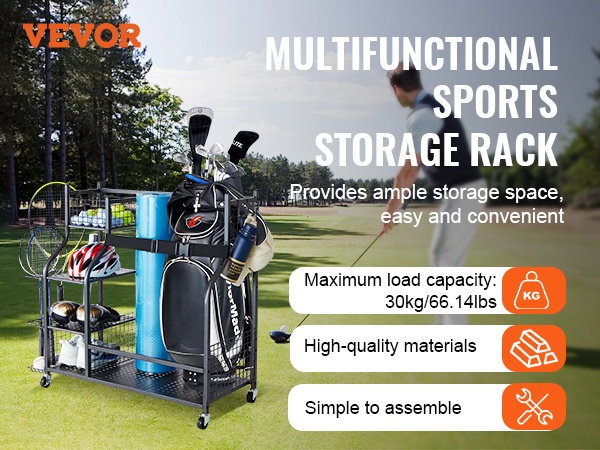 Golfvarusteiden säilytysratkaisu useilla osioilla